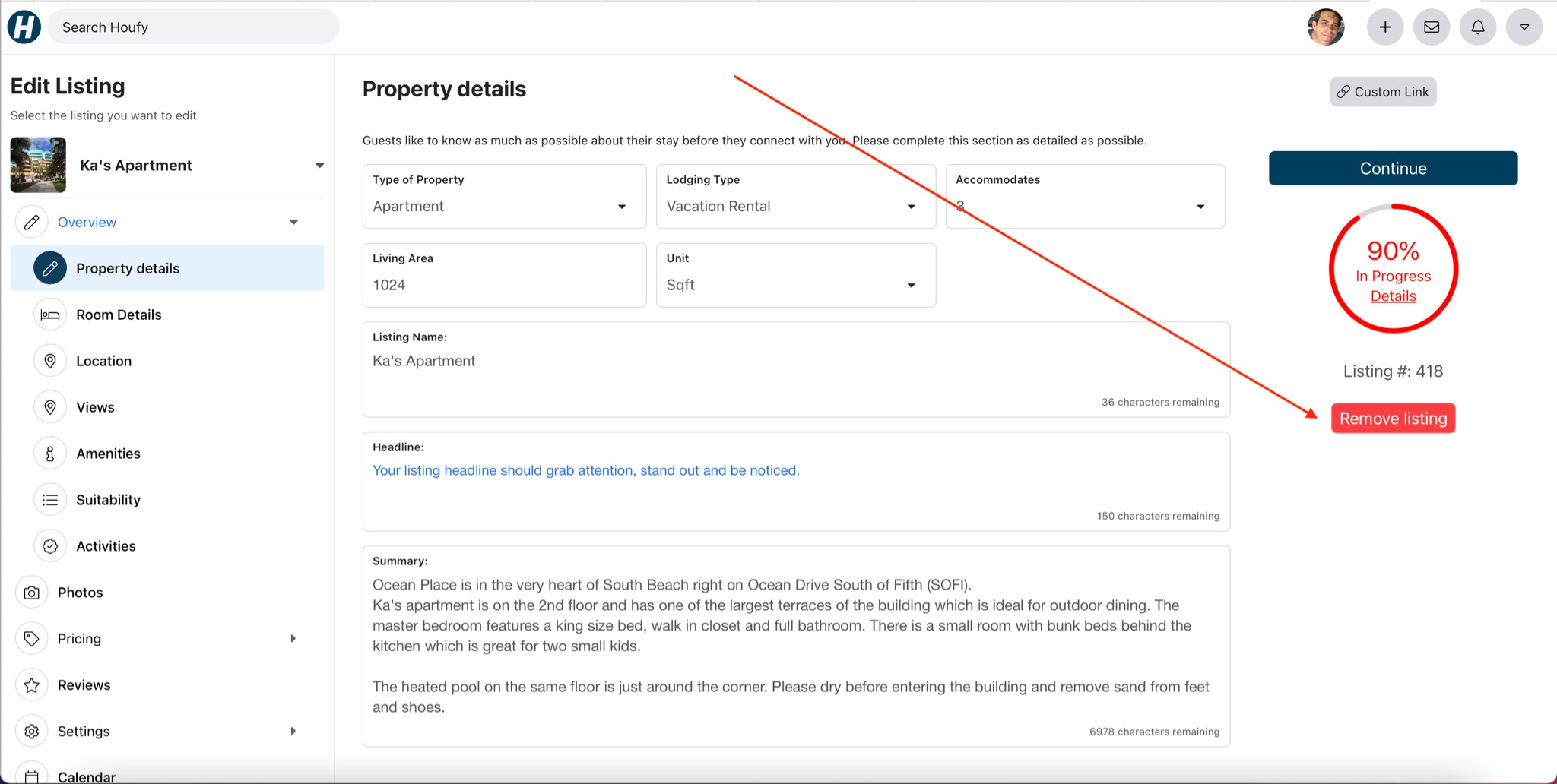 How do I hide or remove my listing on Houfy
