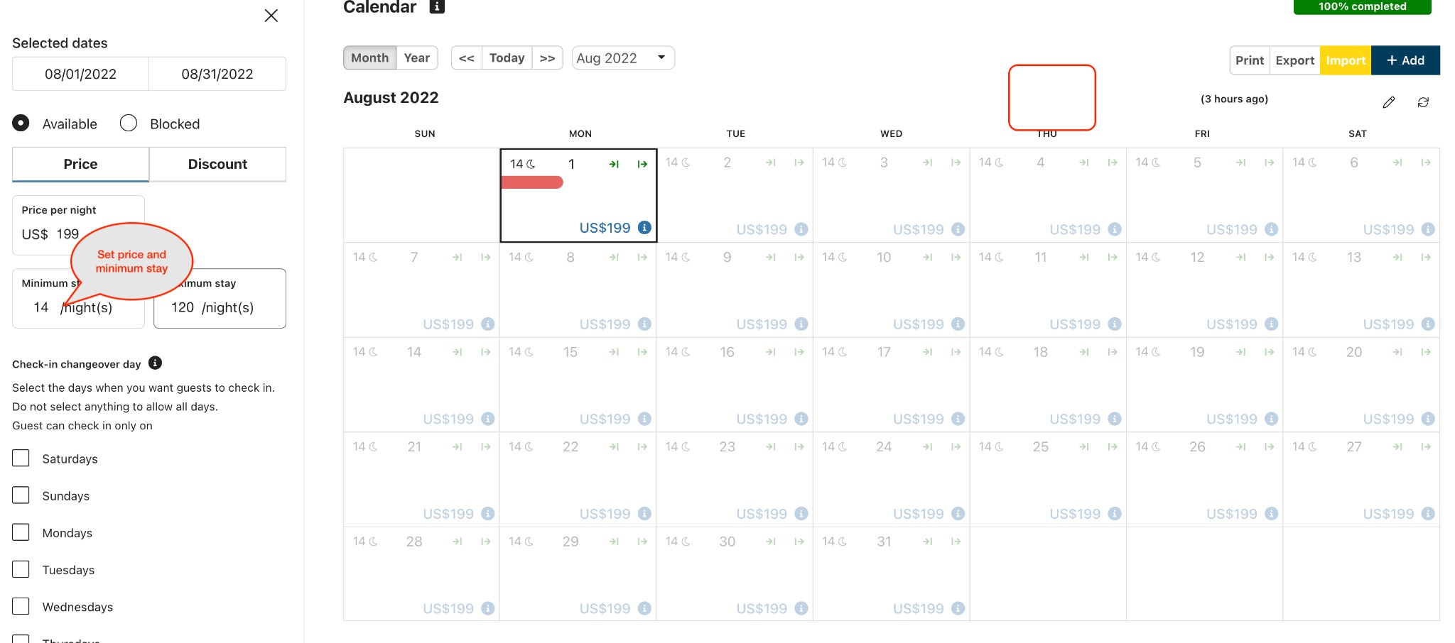 Change minimum stay in the calendar