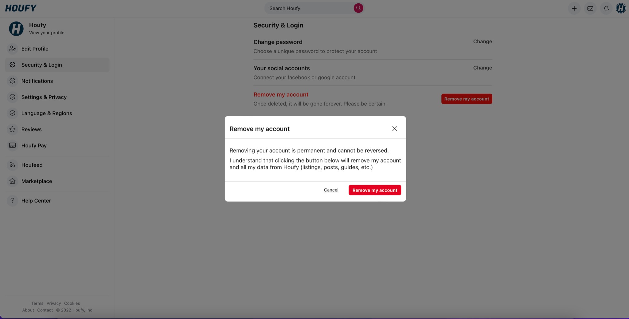 How do I remove my Houfy account