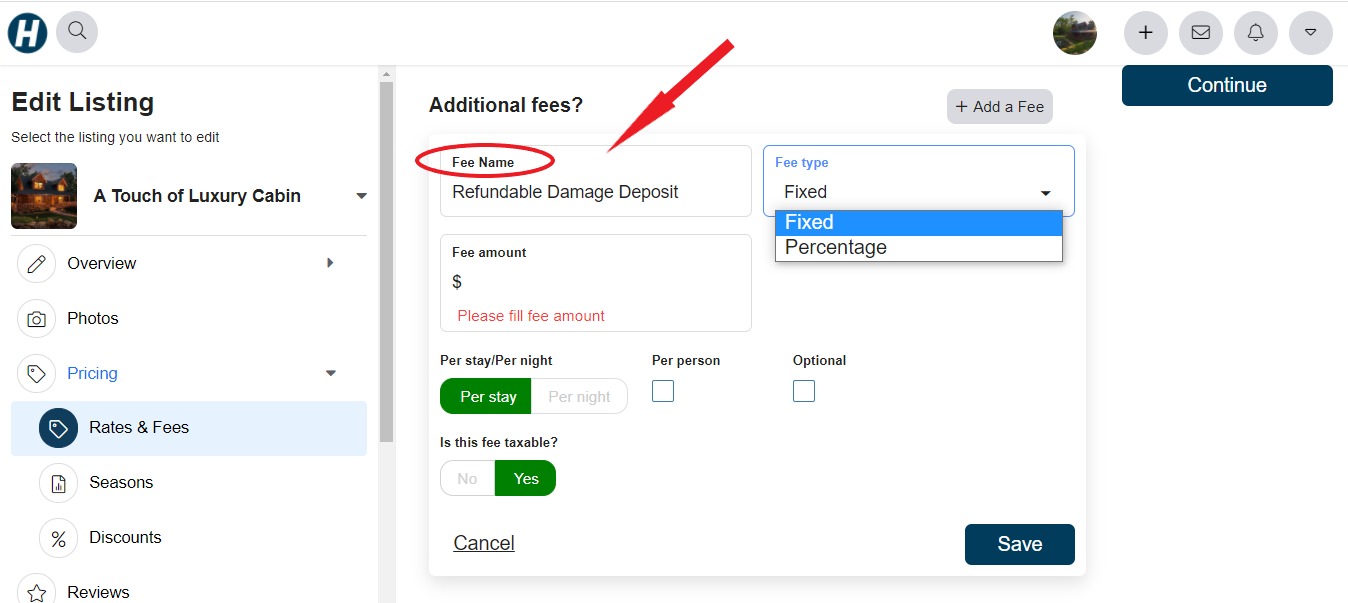 How do I add a security damage deposit as a fee?