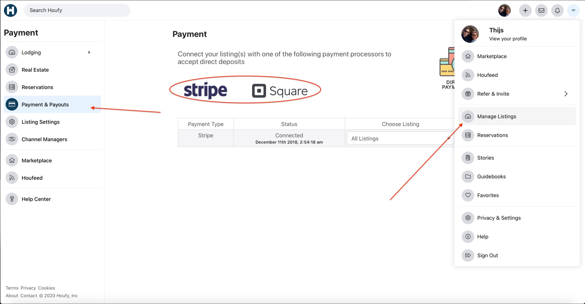 Houfy and accepting direct payments by connecting to Stripe or Square
