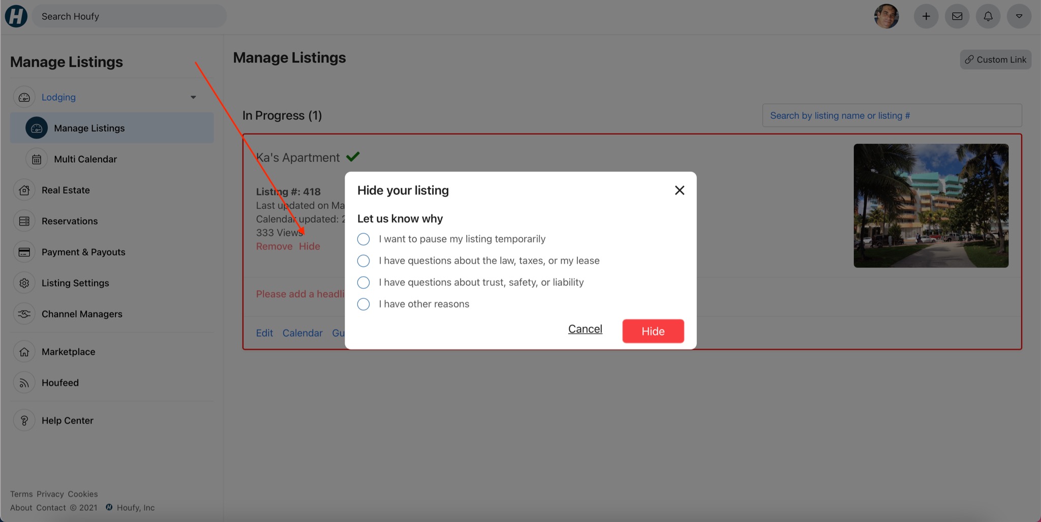 How do I hide or remove my listing on Houfy