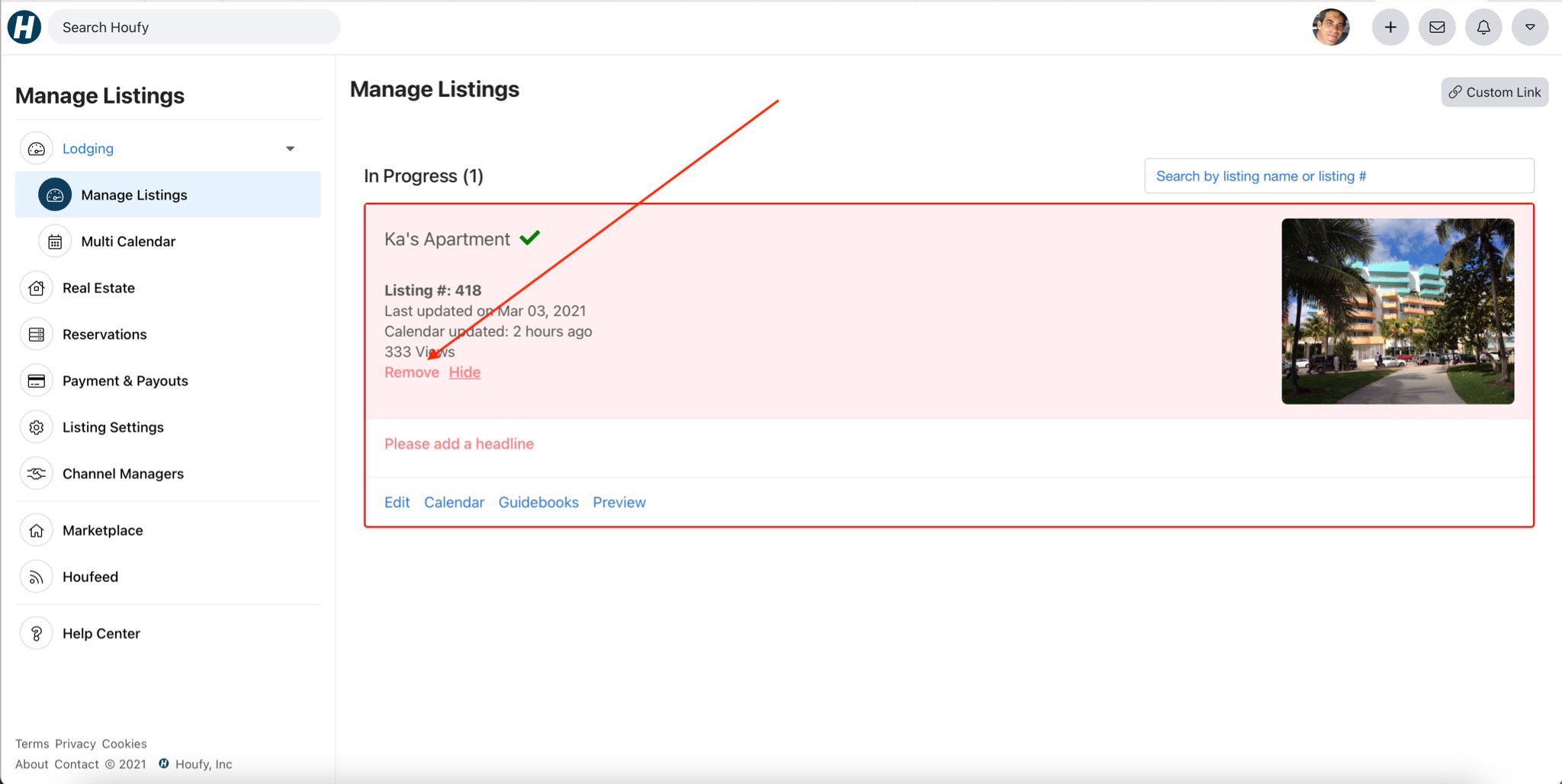 How do I hide or remove my listing on Houfy