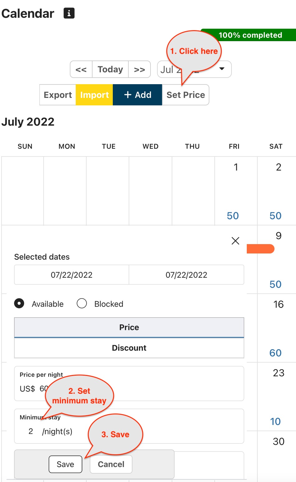 Change minimum stay in the calendar