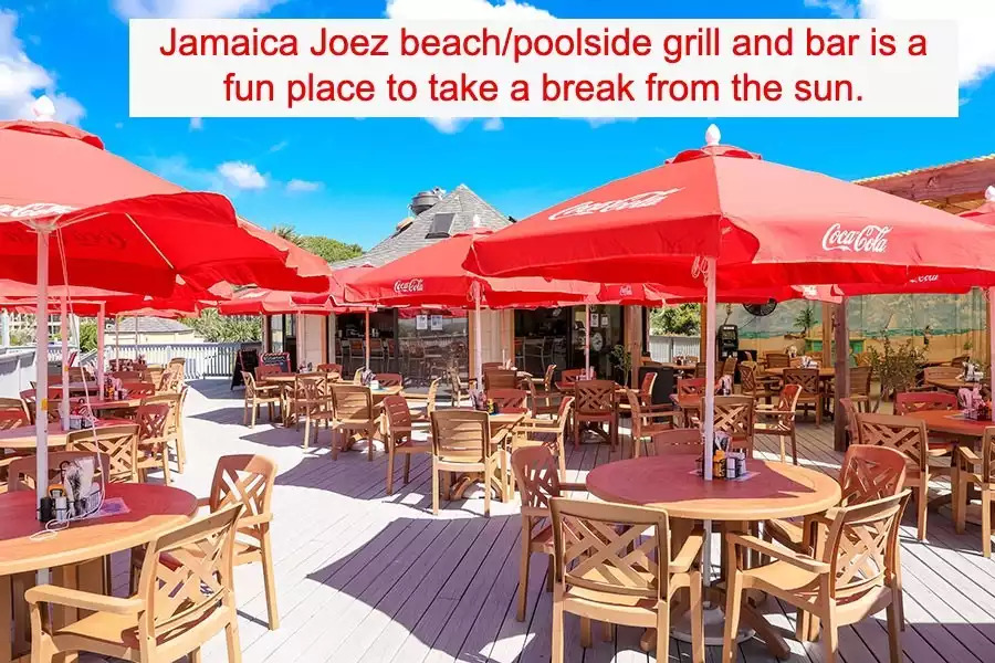 Jamaica Joe'z is the resort's oceanfront beach bar and grill, right next to the main pool and beach boardwalk. They serve delicious drinks and a variety of food, and often have live music. Jamaica Joe'z is the resort's oceanfront beach bar and grill, right next to the main pool and beach boardwalk. They serve delicious drinks and a variety of food, and often have live music. - HHI TIDE 21, Family Vacation Rental, HHB&T Resort - Hilton Head Island