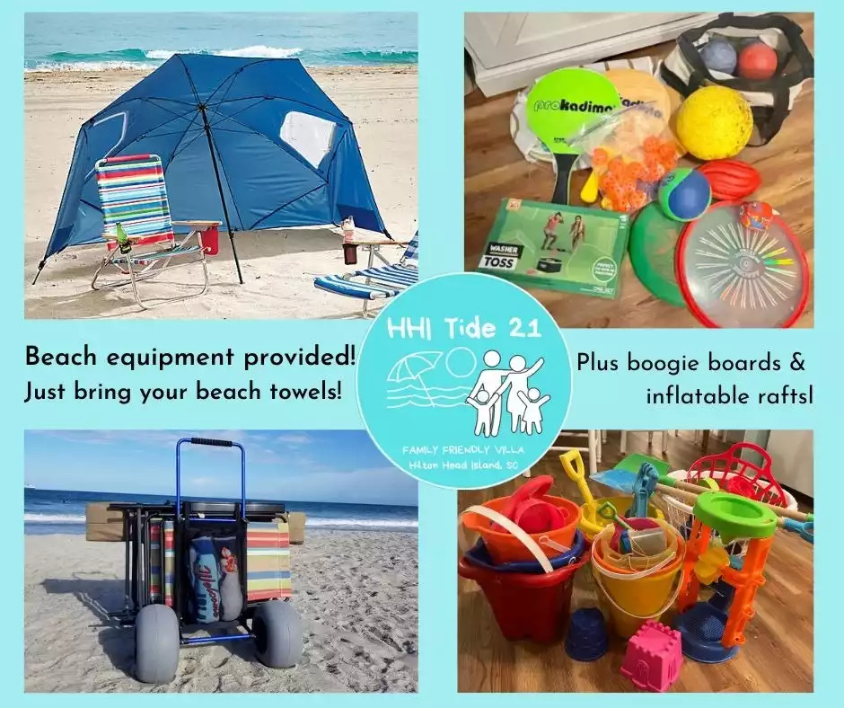 No need to bring beach gear! We provide a big closet full of beach equipment and toys, including chairs, boogie boards, beach umbrella and shade, beach toys and games, inflatables for pool or ocean, and a heavy-duty beach cart to tote it all! No need to bring beach gear! We provide a big closet full of beach equipment and toys, including chairs, boogie boards, beach umbrella and shade, beach toys and games, inflatables for pool or ocean, and a heavy-duty beach cart to tote it all! - HHI TIDE 21, Family Vacation Rental, HHB&T Resort - Hilton Head Island