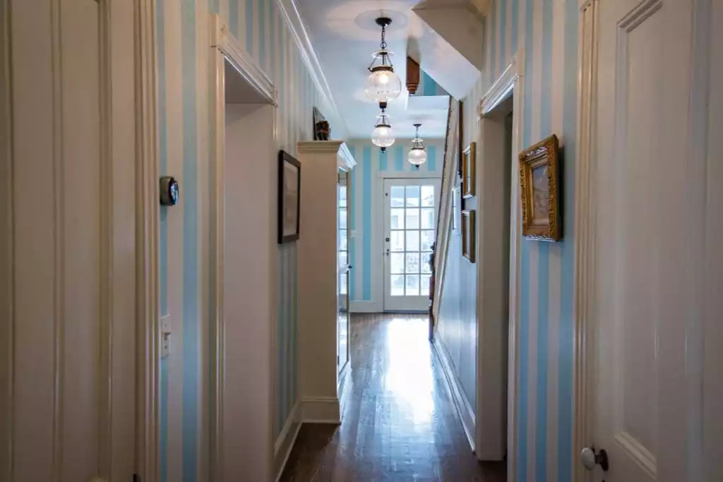 Chadwick Cottage Vacation Rental Home. Front hall with front staircase and hand painted walls in two color striped pattern. Vacation Rentals Asbury Park. Vacation Rentals Ocean Grove. Chadwick Cottage Vacation Rental Home. Front hall with front staircase and hand painted walls in two color striped pattern. Vacation Rentals Asbury Park. Vacation Rentals Ocean Grove. - Chadwick Cottage Vacation Rental Home - Ocean Grove