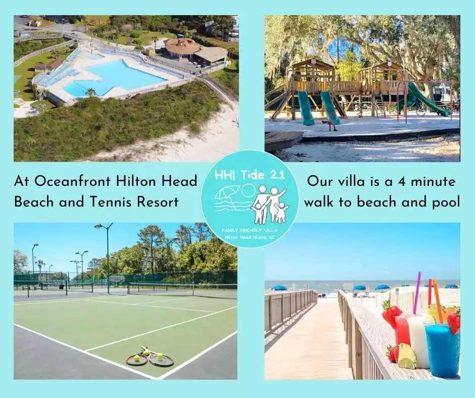 Oceanfront Hilton Head Beach and Tennis Resort has many wonderful amenities, including a huge oceanfront pool, playground, 12 tennis and pickleball courts, half basketball court, fitness center, and 3 restaurants. Oceanfront Hilton Head Beach and Tennis Resort has many wonderful amenities, including a huge oceanfront pool, playground, 12 tennis and pickleball courts, half basketball court, fitness center, and 3 restaurants. - HHI TIDE 21, Family Vacation Rental, HHB&T Resort - Hilton Head Island