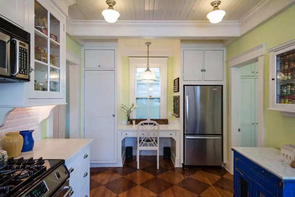 Chadwick Cottage Vacation Rental Home. Kitchen with original pine floor with checkerboard pattern applied via two different stains. Vacation Rentals Asbury Park. Vacation Rentals Ocean Grove. Chadwick Cottage Vacation Rental Home. Kitchen with original pine floor with checkerboard pattern applied via two different stains. Vacation Rentals Asbury Park. Vacation Rentals Ocean Grove. - Chadwick Cottage Vacation Rental Home - Ocean Grove