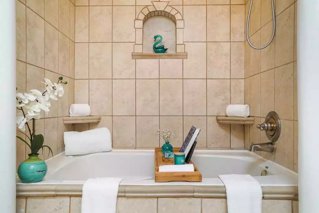 Relaxing spa-inspired master bathroom with jet tub. Relaxing spa-inspired master bathroom with jet tub. - Heated Saltwater Pool*Harry Potter*Fire Pit*BBQ*EV - St. Augustine