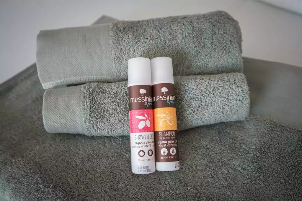 Shower Gels and shampoos made of organic local olive oil will be provided Shower Gels and shampoos made of organic local olive oil will be provided - Seafront Penthouse / LEO - Kalamata