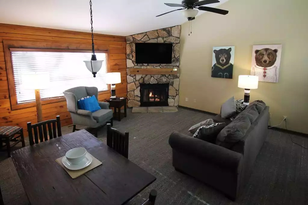 Each unit includes gas fireplace, TV in every room, pull out sleeper sofa, free Wi-Fi, dining room table, vaulted ceilings, central heat and AC with own thermostat. The cabin also provides bath towels, washcloths and pool towels for 6. Each unit includes gas fireplace, TV in every room, pull out sleeper sofa, free Wi-Fi, dining room table, vaulted ceilings, central heat and AC with own thermostat. The cabin also provides bath towels, washcloths and pool towels for 6. - Entire Cabin 3 Wisc Dells 3 Beds(2Bedrooms) 2Baths - Wisconsin Dells