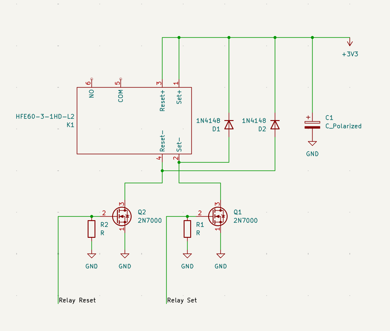KiCad schematic of the HFE60 latching relay driver board: two 2N7000 N-MOSFETs (Q1, Q2) as low-side switches for the two coils of the K1 relay, each with a 1N4148 flyback diode across its coil and a 100 kΩ gate pulldown