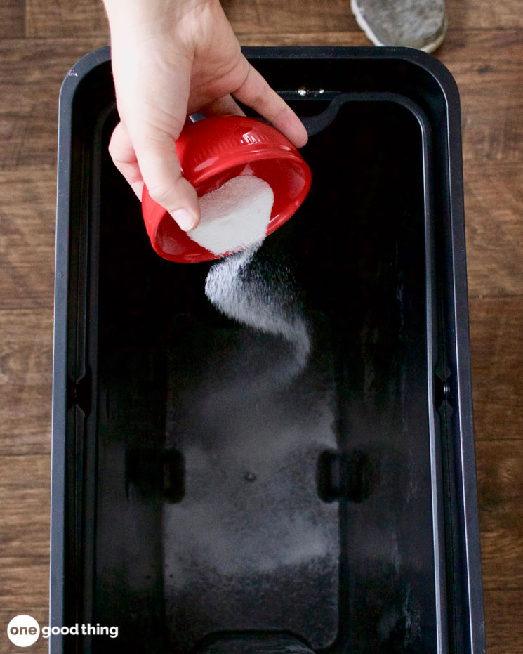 Borax being sprinkled out of a small red dish into a black garbage can