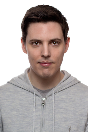 Sacriel streamer over white background in grey hoodie