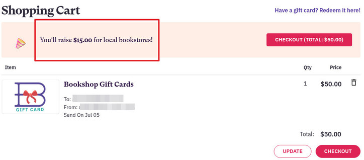 Screenshot showing an online shopping cart containing a Bookshop Gift Card for $50 and the message "You'll raise $15.00 for local bookstores" outlined in red.