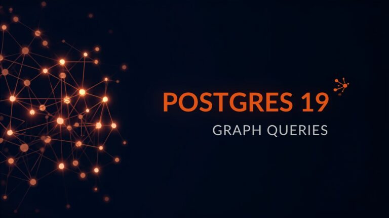 Dark navy and orange thumbnail showing connected graph nodes and a database icon for Postgres 19 property graph queries