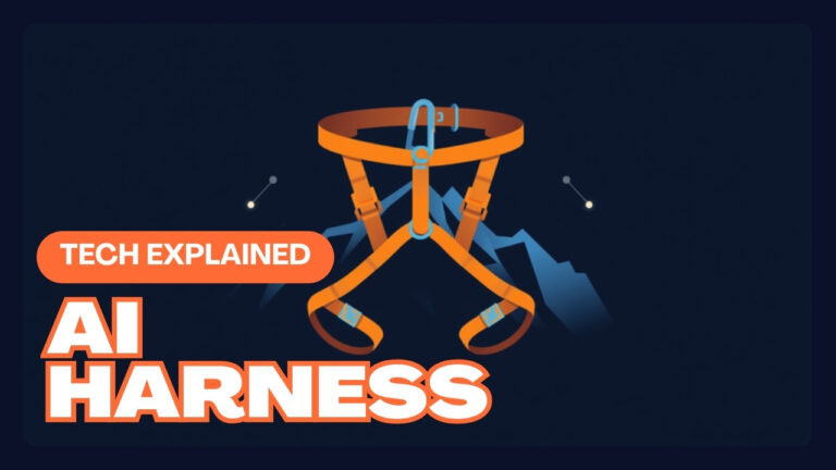 Illustration of a climbing harness and rope anchored to a mountain peak, representing an AI harness grounding a model