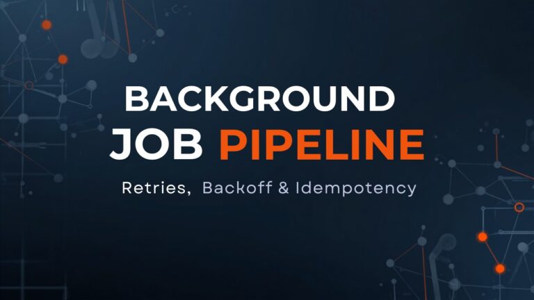 Dark navy graphic with orange accents reading Background Job Pipeline, retries, backoff and idempotency