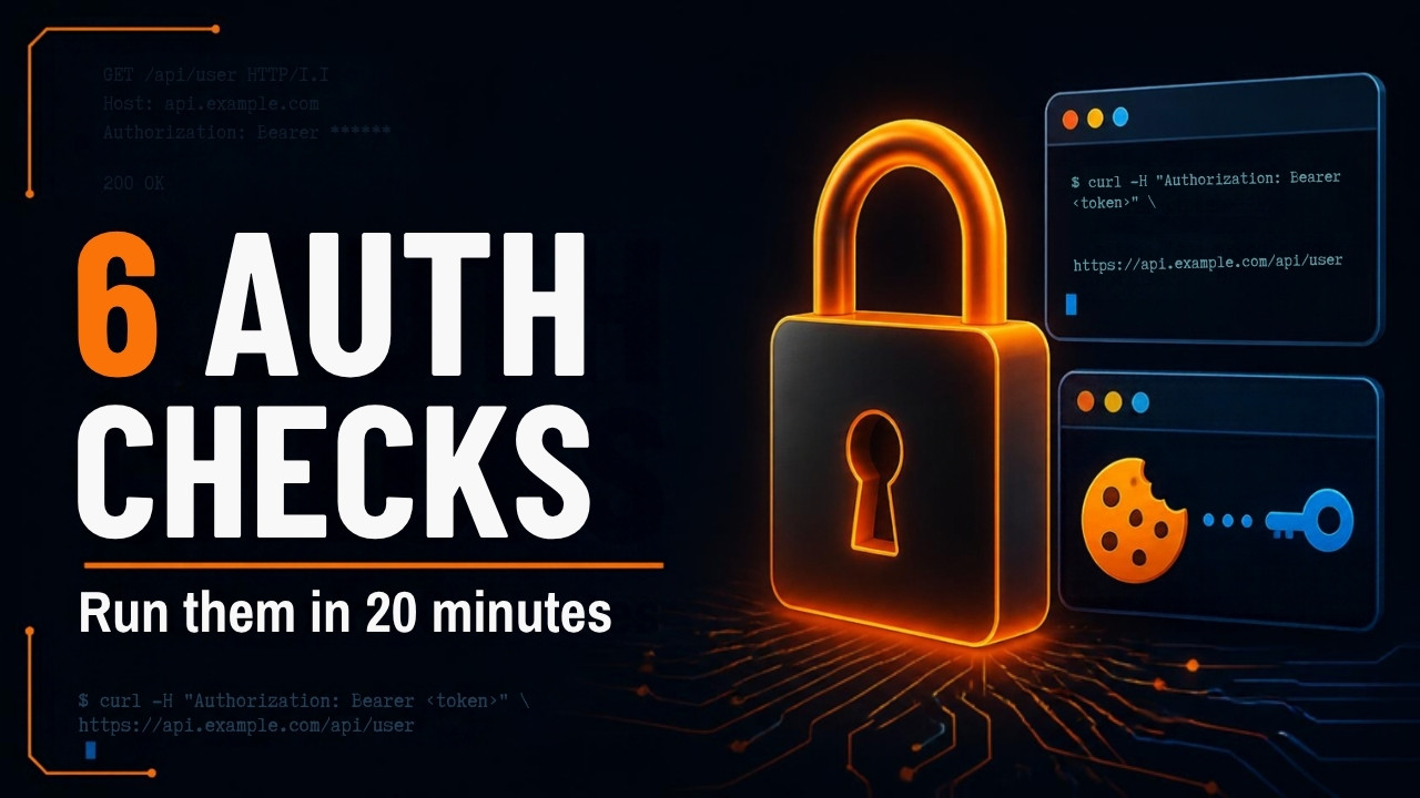 6 auth security checks you can run in 20 minutes, with a padlock, curl window, and cookie icon