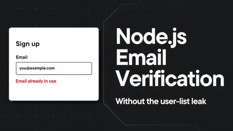 Signup form showing an "Email already in use" error next to the title Node.js Email Verification, without the user-list leak