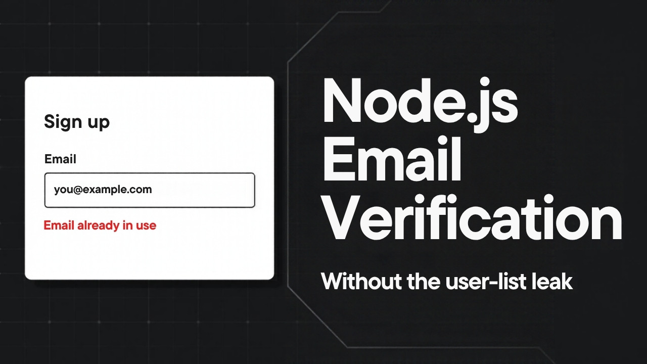 Signup form showing an "Email already in use" error next to the title Node.js Email Verification, without the user-list leak