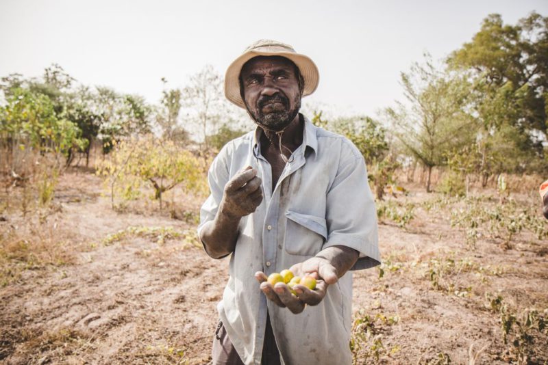man holding handful of fruit