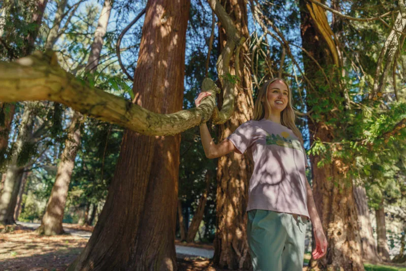woman wearing sustainable shirt from tentree in Canada