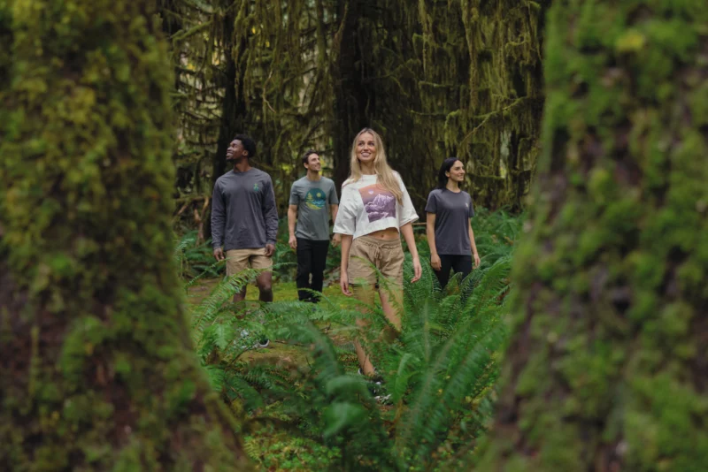 women and men wearing tentree in a forest in canada