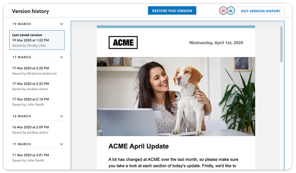 Restore previous versions of employee email designs with version history