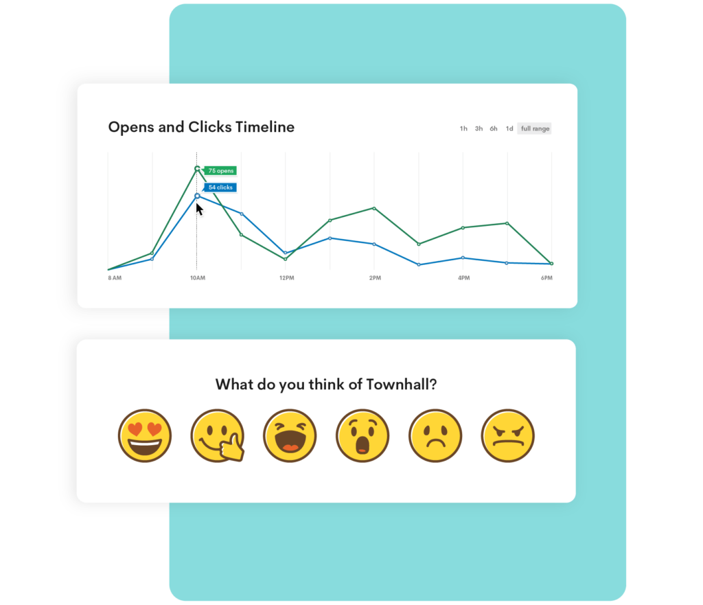 Illustration showing a graph example on Email Analytics and interaction example on Pulse Surveys