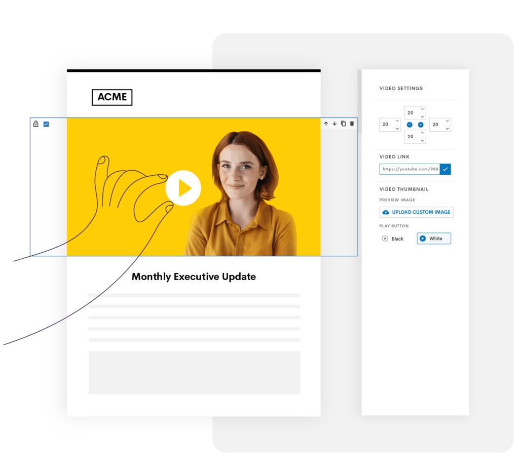 Illustration with a hand adding a video block in Email Designer tool