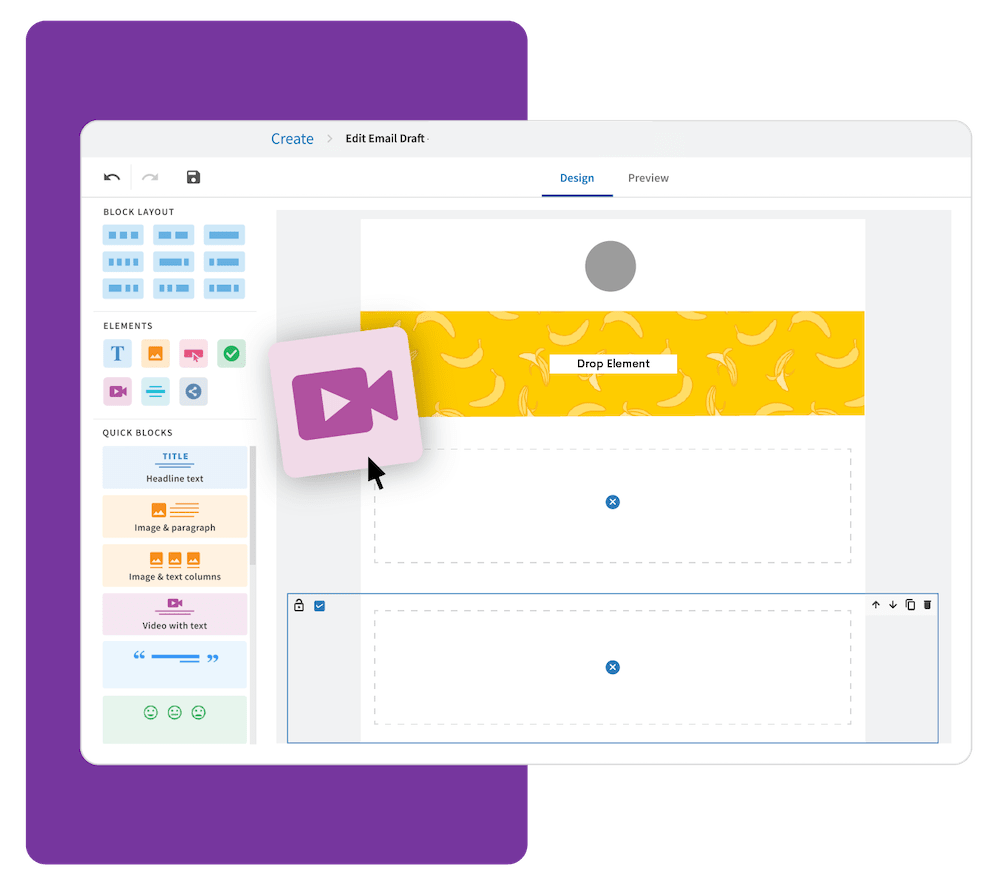 Bananatag Email Designer: Image showing you can easily add video to an email