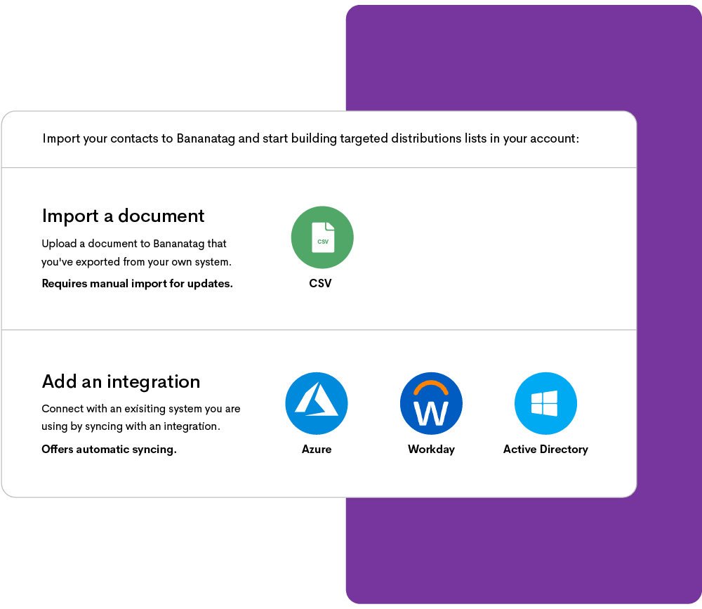 Showing options of importing CSV and Azure, Workday integrations