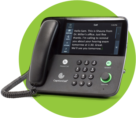 Captioncall table phone displaying caption for real-time call
