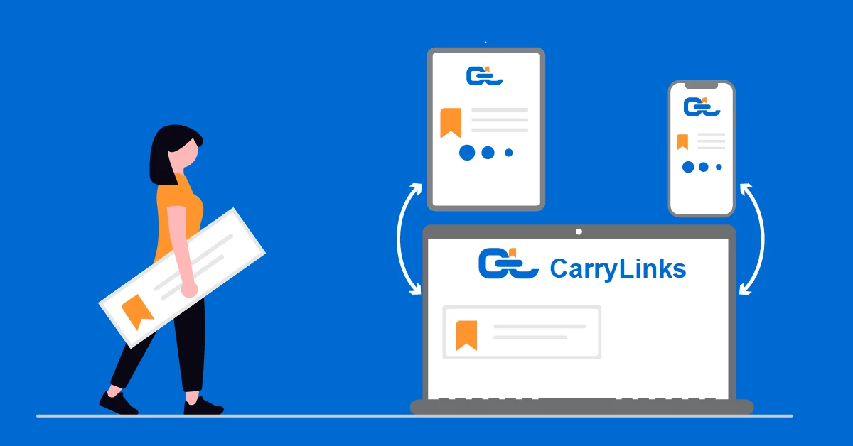 CarryLinks logo displayed on a laptop, iPad, and iPhone, showing bookmark synchronization across devices