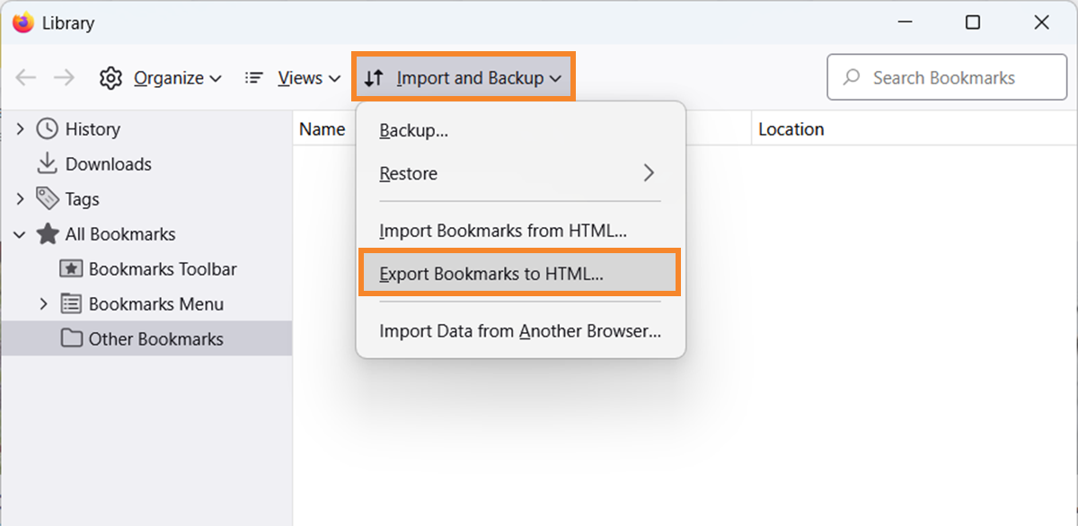 Export Firefox bookmarks