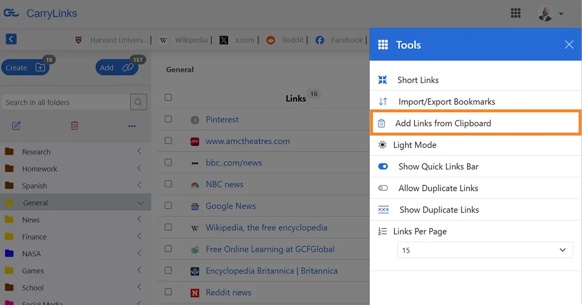 CarryLinks user page with the Tools menu open, highlighting the Add Links from Clipboard option