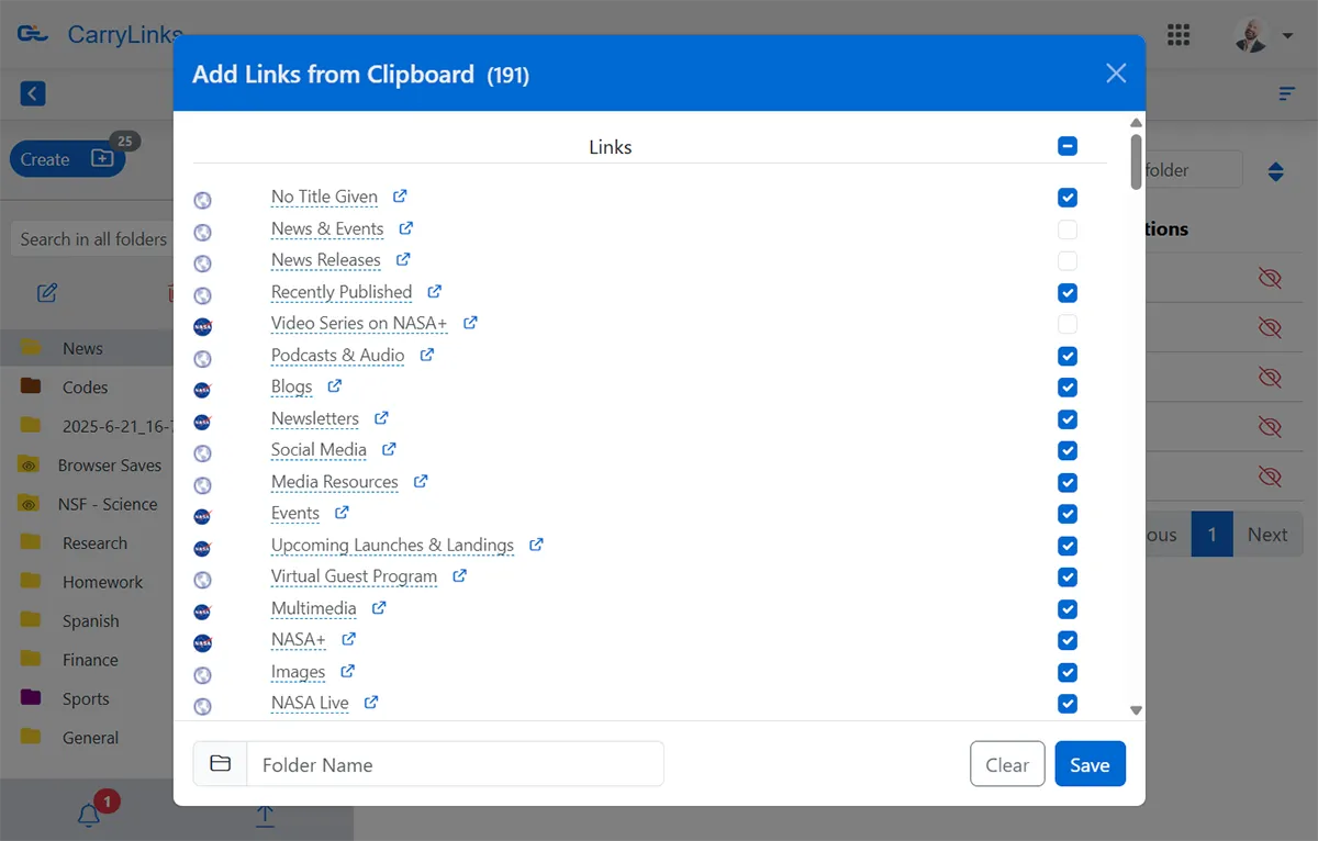 List of links extracted from a copied URL using the CarryLinks clipboard tool