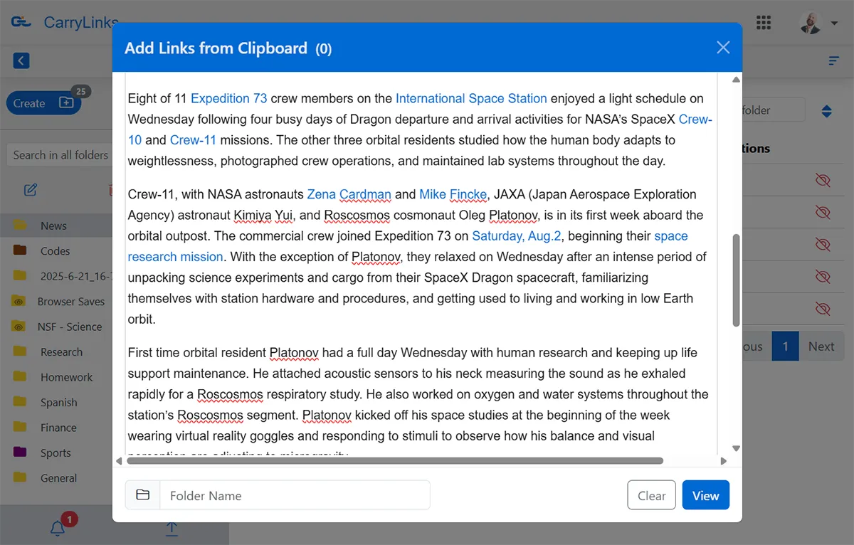 text in the add links from clipboard window