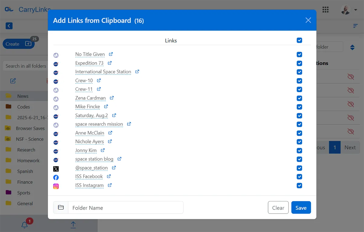 List of links extracted from copied text using CarryLinks clipboard tool