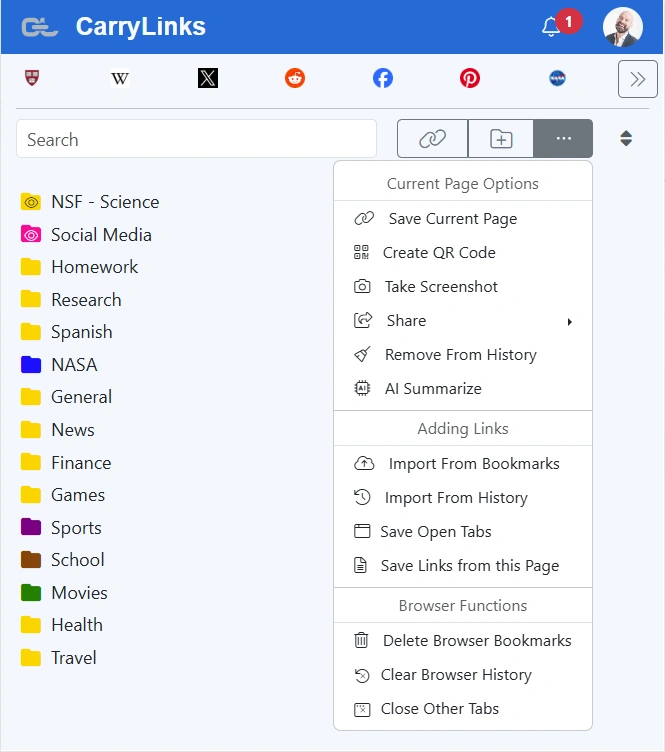 a screenshot of the extension showing multiple options such as create QR codes, screenshots, import bookmarks, save open tabs