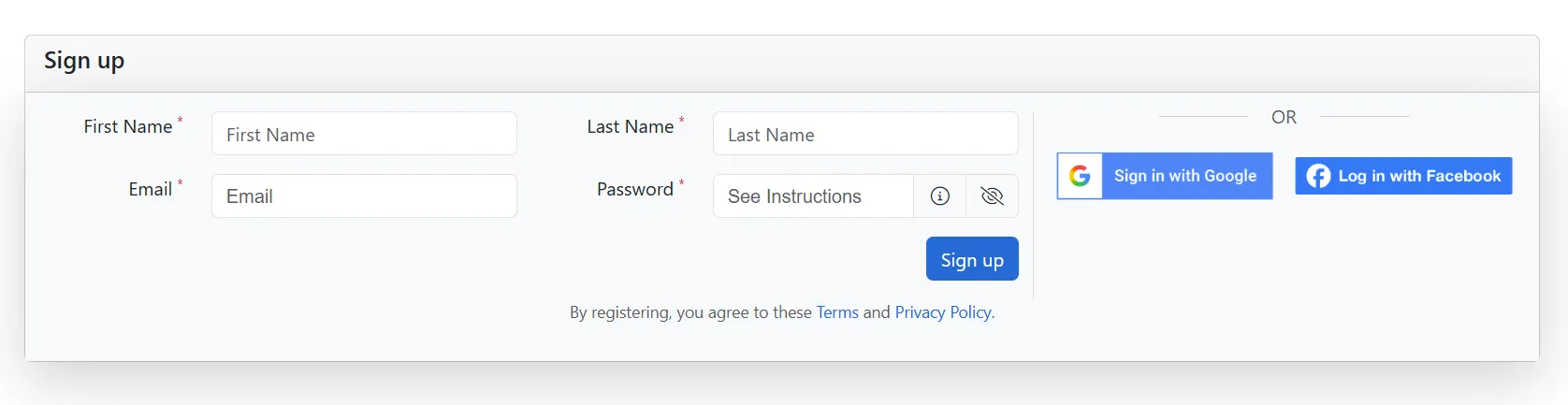 a screenshot of the sign up window to create an account by using the email, Facebook or Google