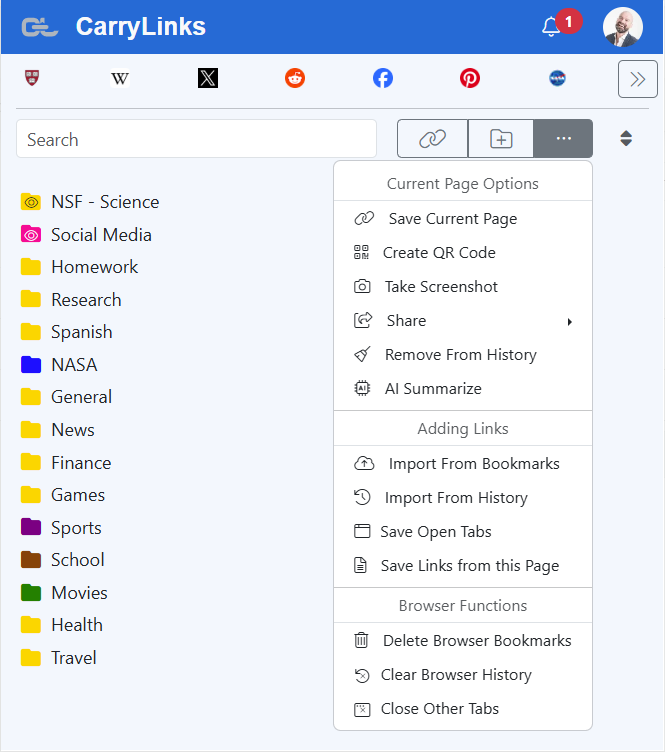 CarryLinks extension showing the many options for Bookmarks, such as QR code, importing bookmarks, Save open tabs.