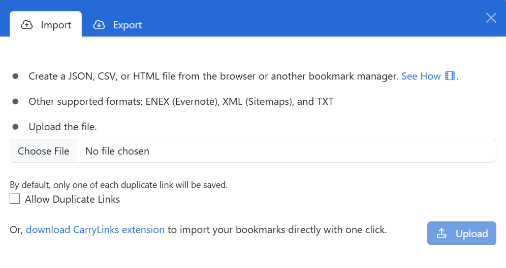 CarryLinks import window showing the multiple options for importing bookmarks