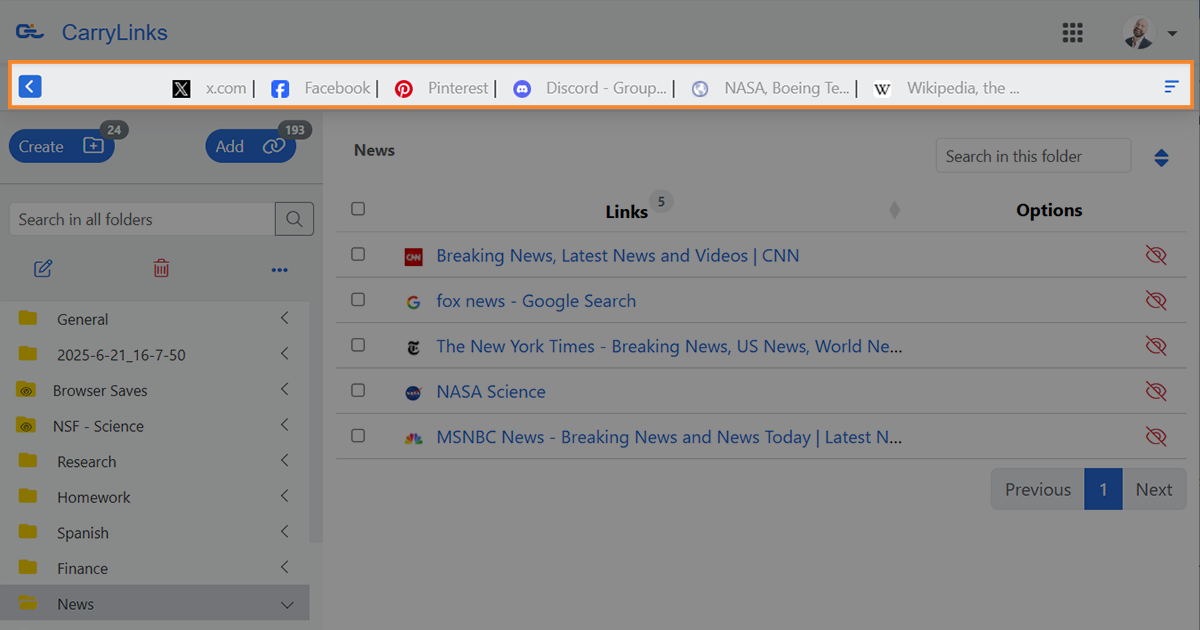 CarryLinks user page highlighting the Quick link bar for quick access to the most used links