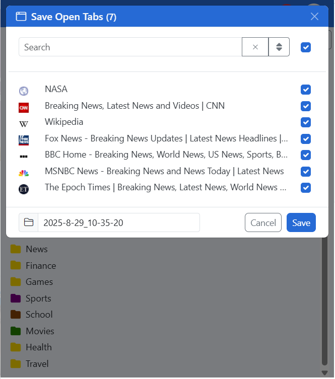 A photo of the CarryLinks extension showing save open tabs feature
