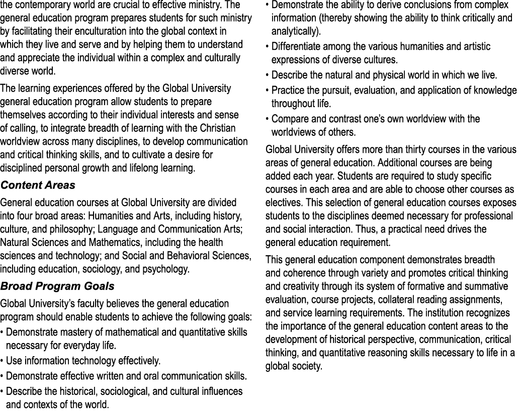the contemporary world are crucial to effective ministry. The general education program prepares students for such mi...