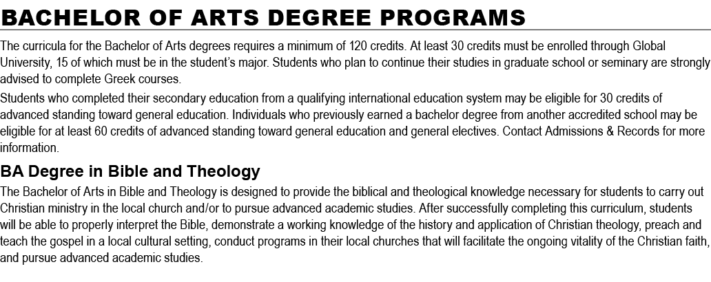 Bachelor of Arts Degree Programs The curricula for the Bachelor of Arts degrees requires a minimum of 120 credits. At...