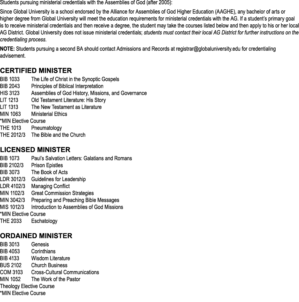 Students pursuing ministerial credentials with the Assemblies of God (after 2005): Since Global University is a schoo...